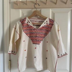 Handmade Mexican Ivory Embroidered Blouse with Accents
